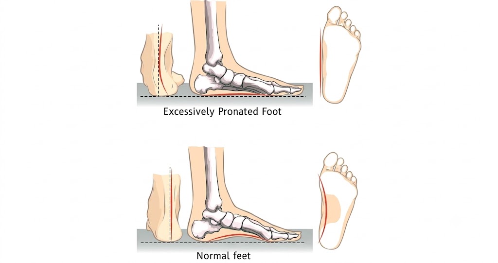 Anatomical diagram comparing an excessively pronated foot to a normal foot, illustrating arch collapse, heel alignment, and footprint shape to highlight signs of overpronation or supination in your feet.