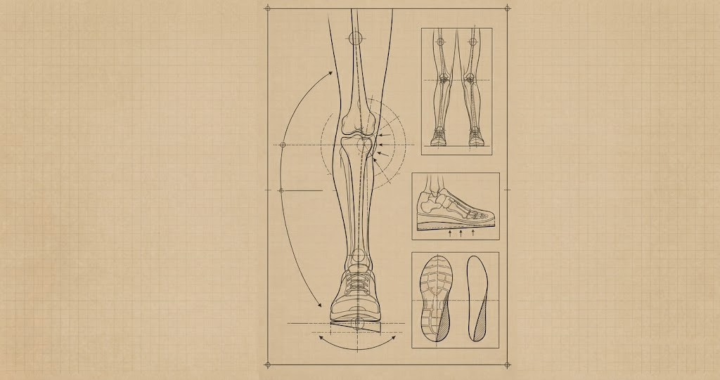 Technical blueprint illustration showing leg alignment, inner knee osteoarthritis pressure points, and corrective lateral wedge orthotics for bow-legged alignment.