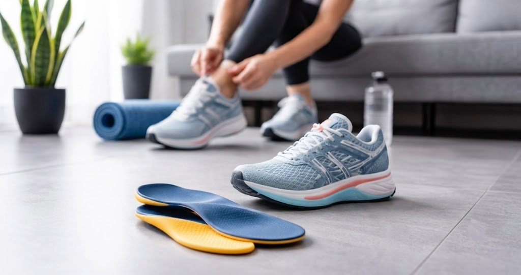 A supportive light blue running shoe displayed with custom orthotic insoles on the floor, while a person ties their laces in the background to prevent plantar fasciitis.