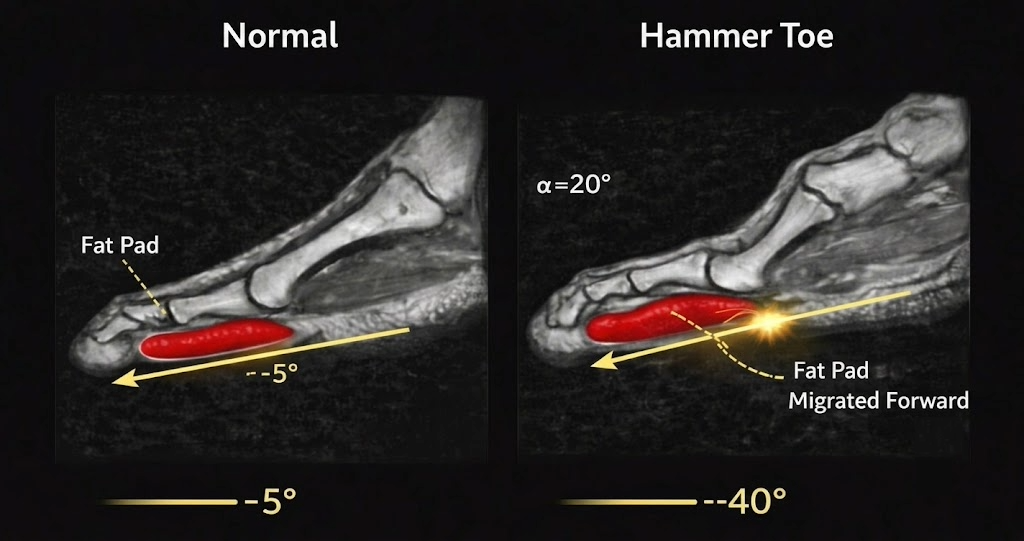 A MRI displaying a lateral slice of the forefoot showing how the fat pad changes its location as it migrates distally away from where it should be due to metatarsalgia