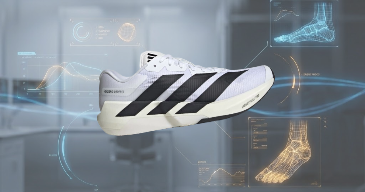 Adidas Adizero Dropset Pro hybrid training shoe shown in profile against a clinical biomechanics background, with digital foot and ankle skeletal diagrams, gait-style graphs and motion analysis overlays illustrating the relationship between footwear design, EnergyRods, foot mechanics and propulsion.  