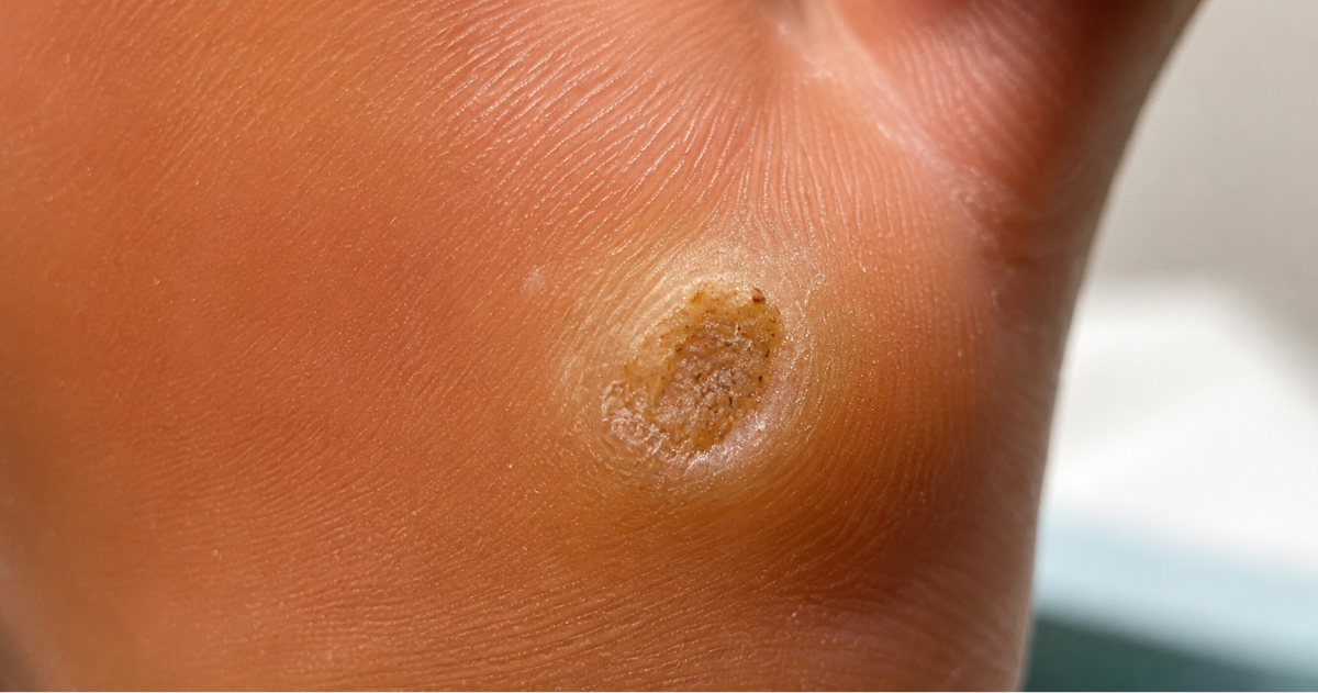 Close-up of a plantar wart (verruca plantaris) on the sole of a foot, showing a thickened keratin ring and pinpoint black dots.