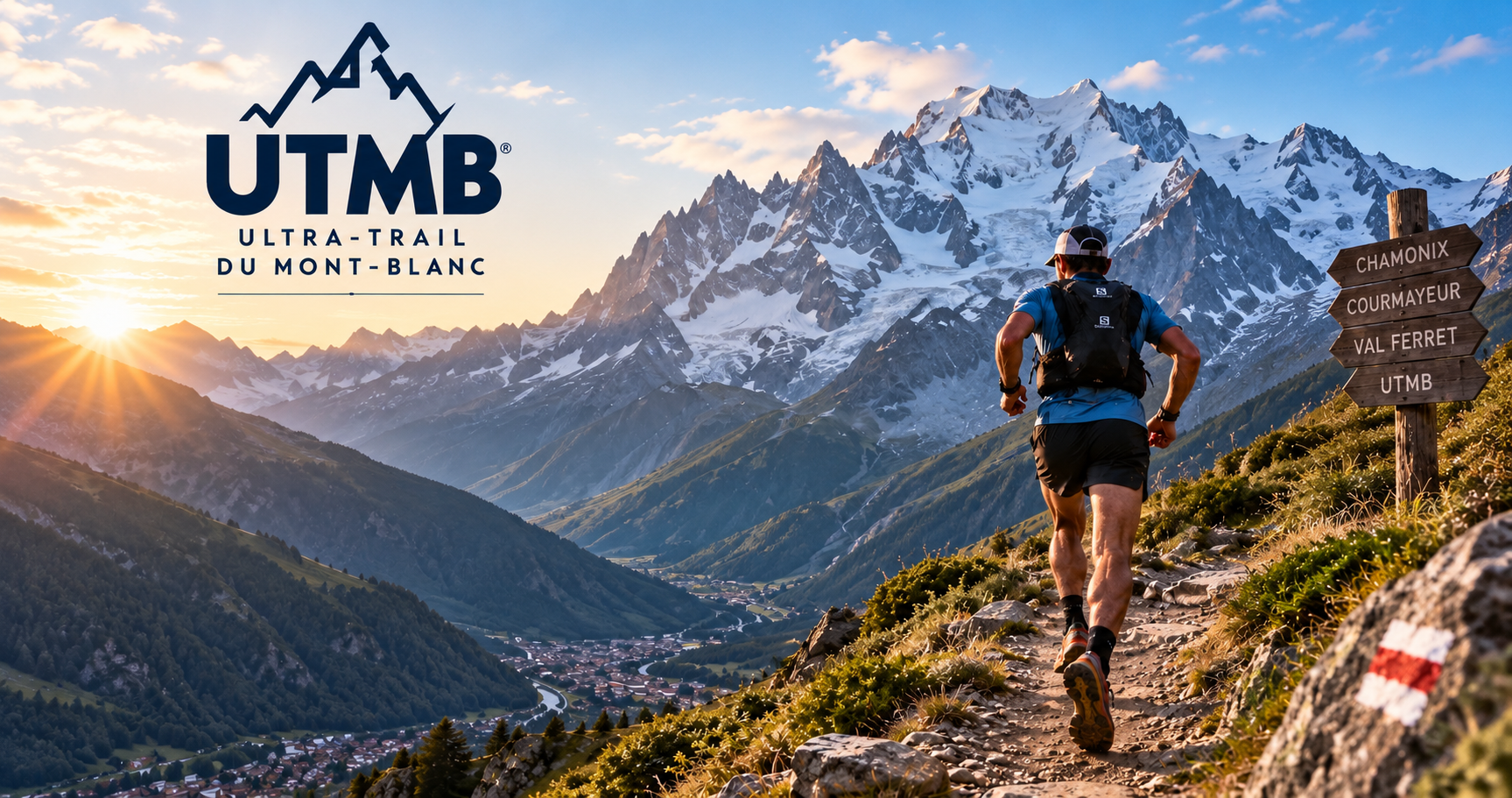 A trail runner runs away from the viewer along a rocky mountain path toward towering, snow-capped alpine peaks at sunrise. In the top left corner is the "UTMB Ultra-Trail du Mont-Blanc" logo. To the right, a wooden signpost points toward Chamonix, Courmayeur, Val Ferret, and UTMB, alongside a rock painted with a red and white trail marker. A valley town is visible far below the runner.