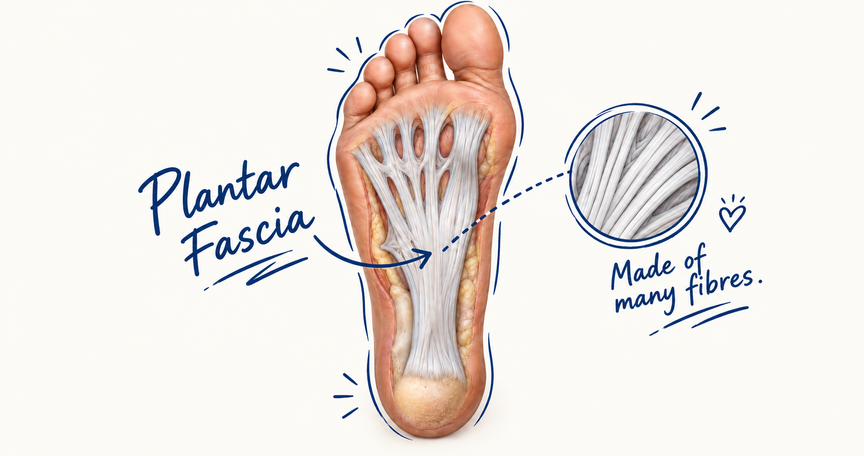 Anatomical illustration of a foot's sole highlighting the plantar fascia. Text labels the tissue, and a magnified inset shows its texture, reading "Made of many fibres"