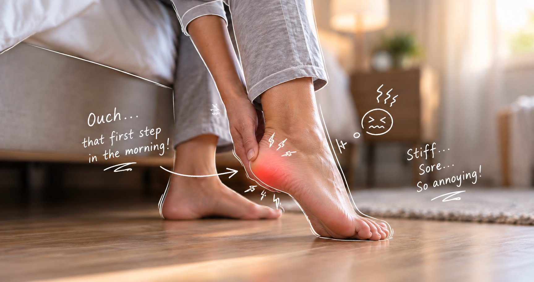 Person experiencing early morning heel pain and stiffness while getting out of bed, with the painful heel highlighted in red to illustrate plantar fascia-related discomfort and first-step pain.