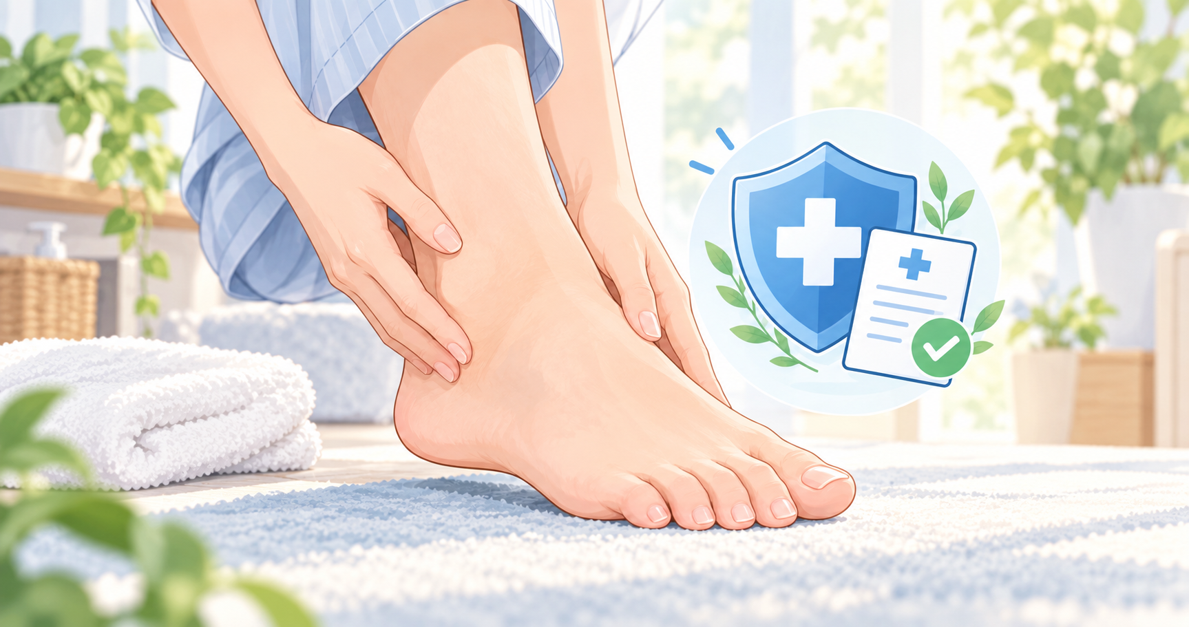 A person gently massaging their bare foot and ankle while sitting on a light blue rug. Graphic overlay of a blue medical shield, a clinical document, and a green checkmark illustrating health insurance coverage.