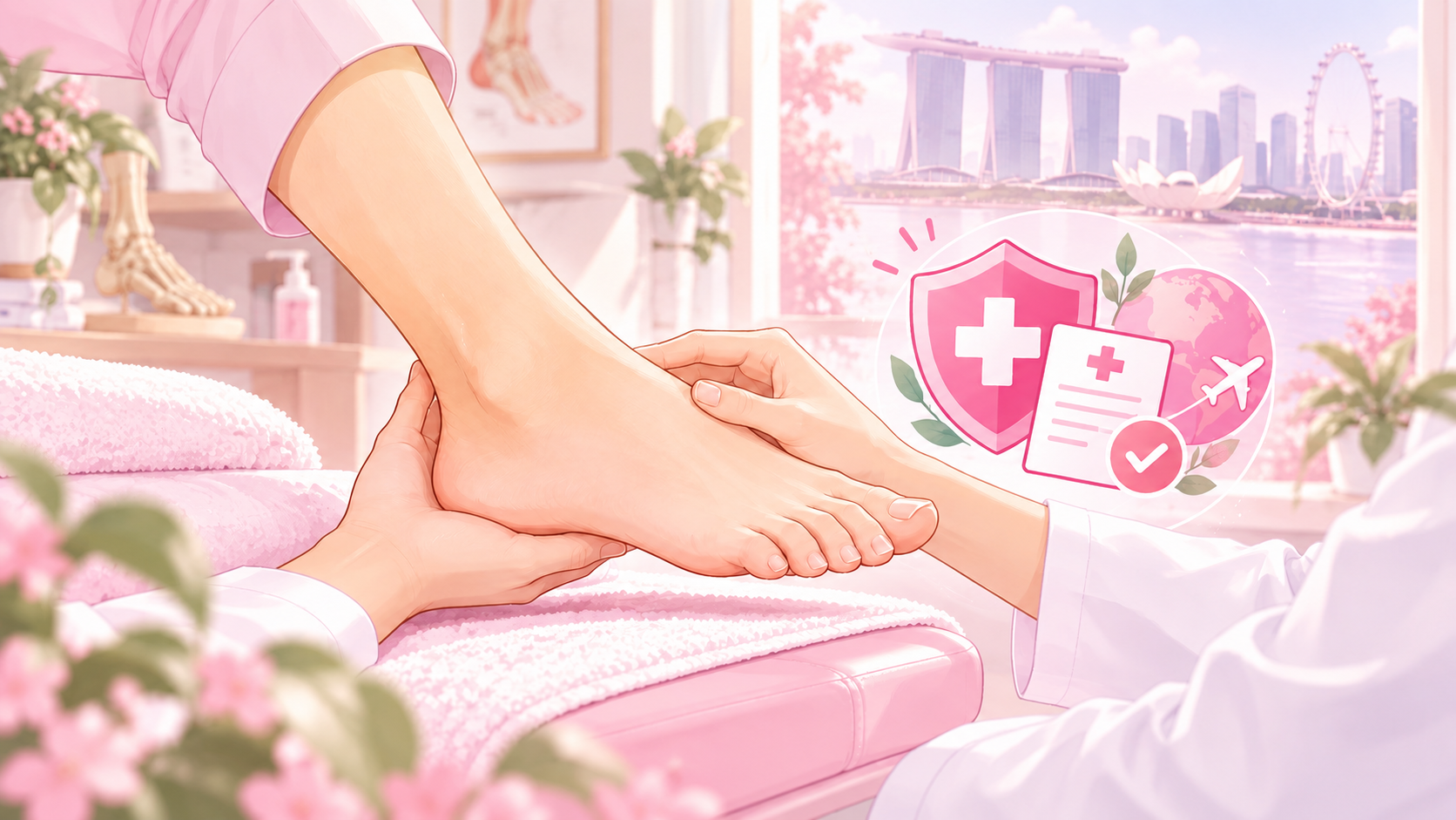 A podiatrist examining a patient's bare foot resting on a pink padded table, with a bright view of the Singapore skyline in the background. Featuring a pink medical shield, a clinical document with a checkmark, a globe, and an airplane, illustrating international or expat health insurance coverage.