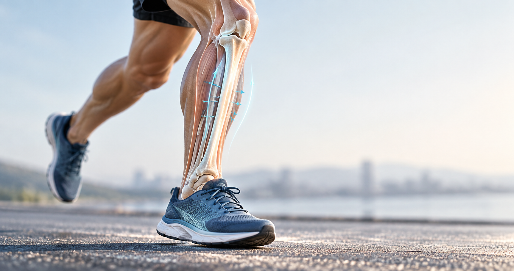 Runner experiencing medial shin pain from shin splints or medial tibial stress syndrome, illustrating repetitive loading through the tibia.