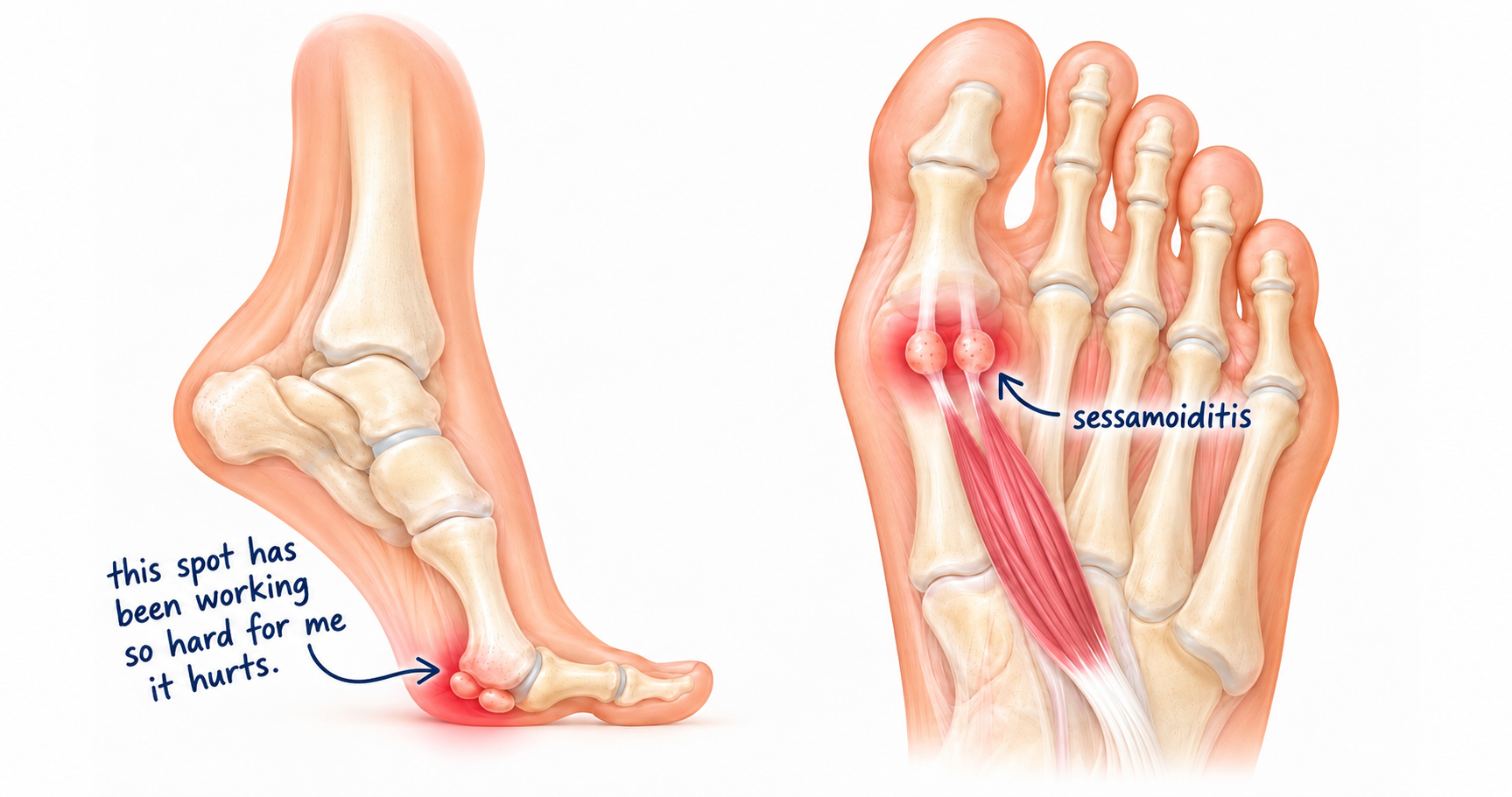 Two anatomical illustrations of a foot skeleton showing sesamoiditis. The left image highlights a painful red area at the ball of the foot, and the right image points out two inflamed sesamoid bones under the big toe joint.