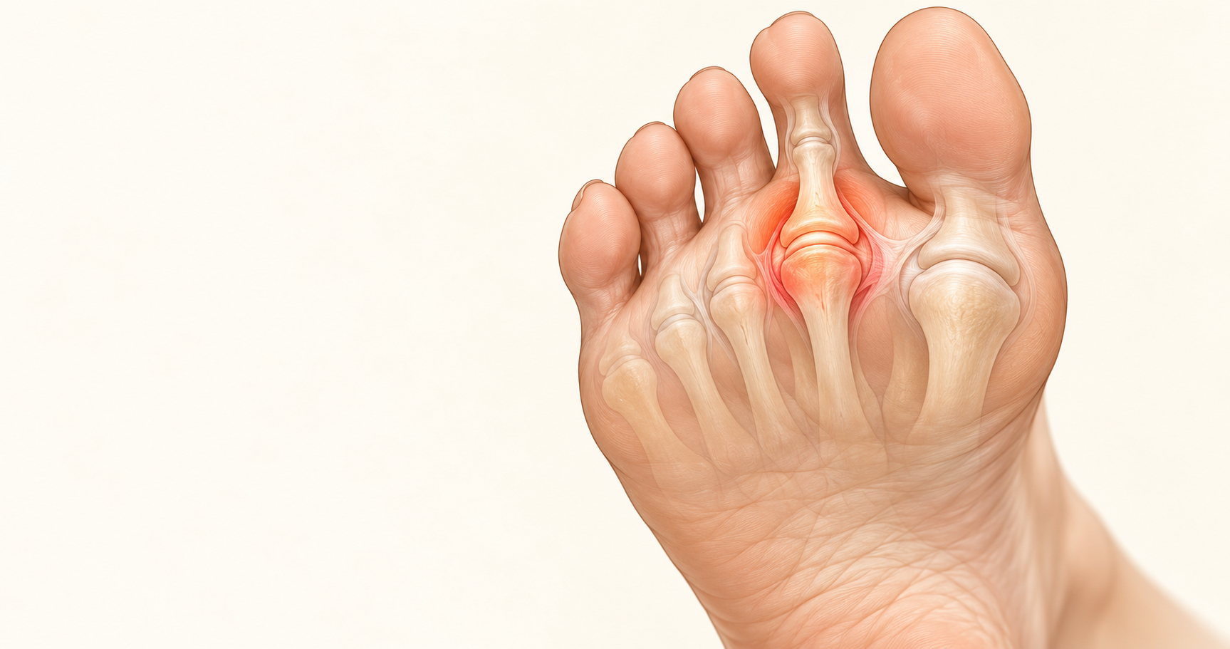 Sole of a foot with semi-transparent skin revealing the underlying skeletal structure, featuring a glowing red highlight at the base of the second toe joint to indicate inflammation or capsulitis.