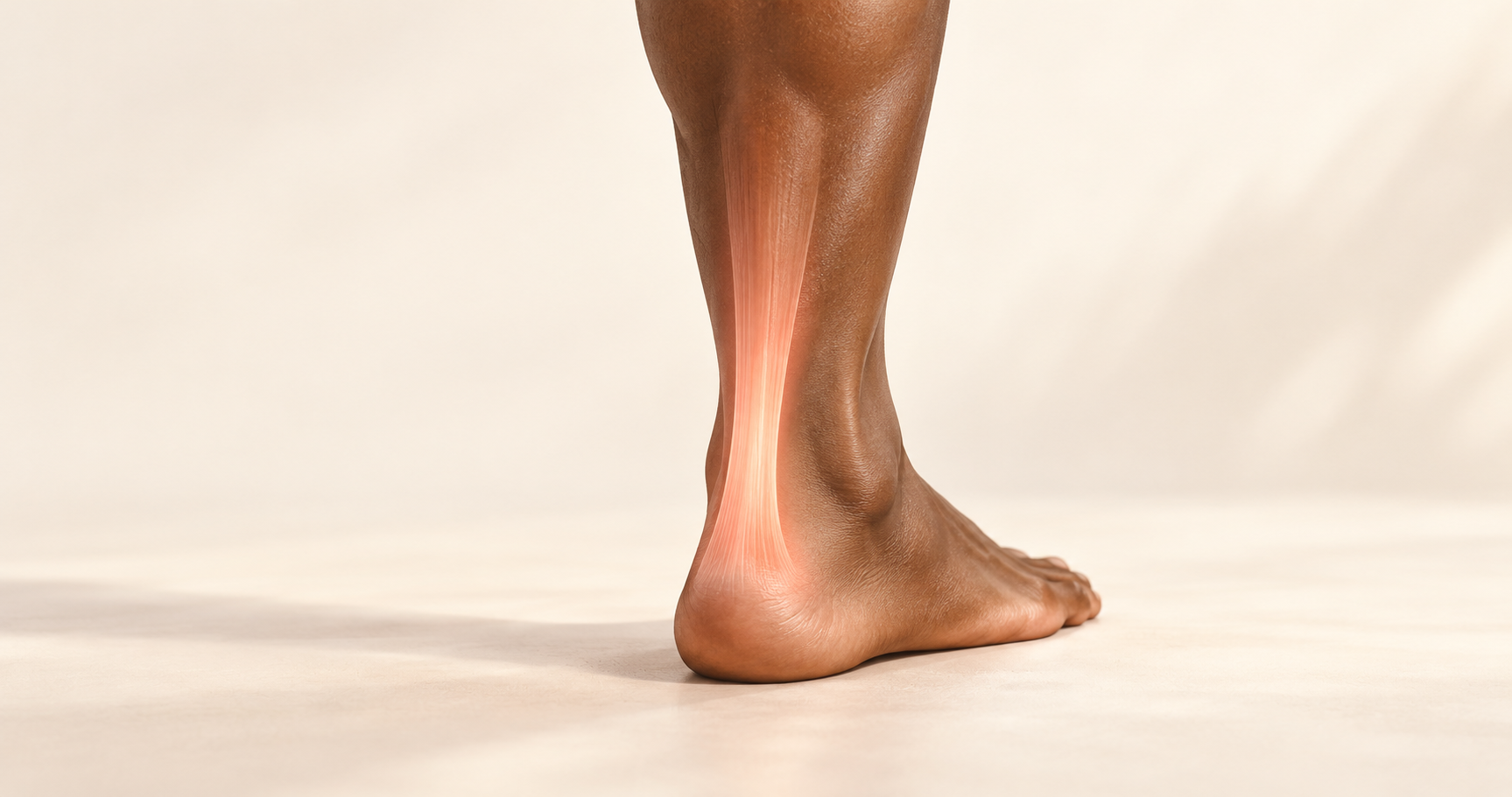 A rear view of a person's lower leg and bare foot standing on a light surface, featuring a glowing red anatomical overlay that highlights the Achilles tendon from the calf down to the heel to illustrate inflammation or pain.