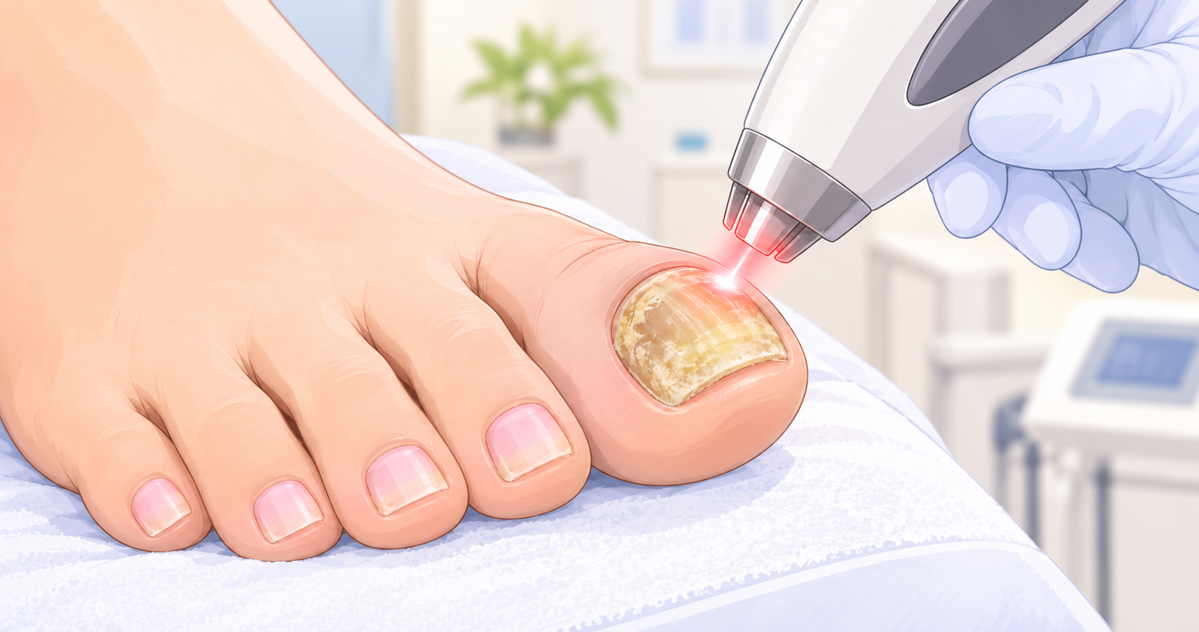 Red medical laser device to treat a yellowish fungal infection on a patient's big toenail in a clinic setting.