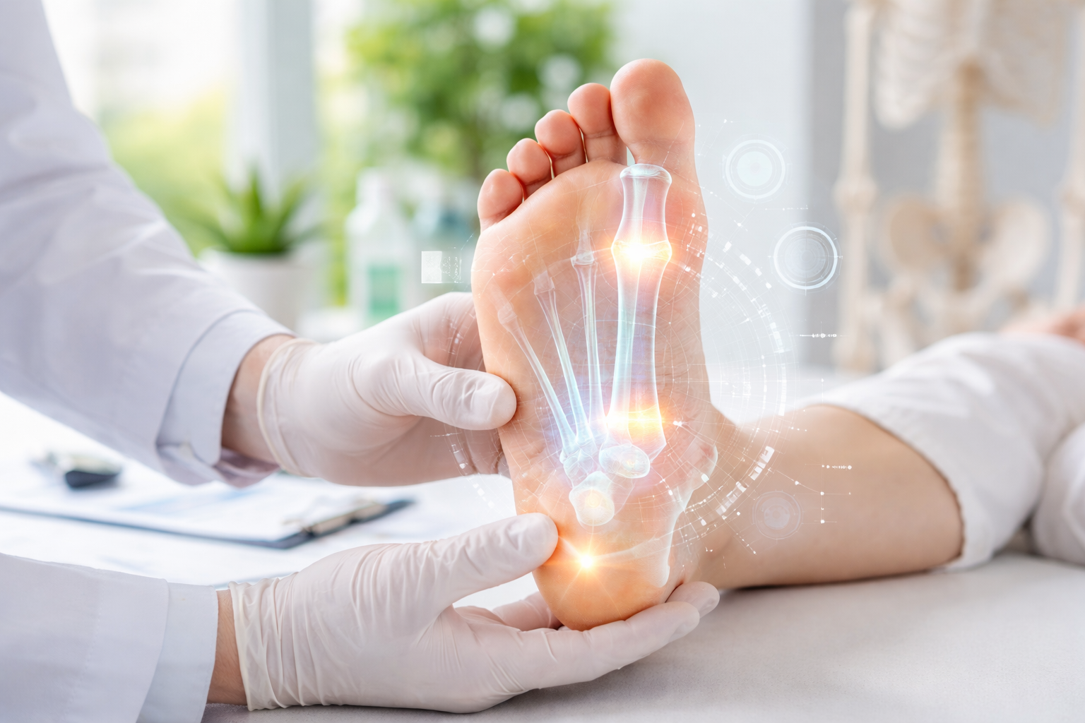Podiatrist wearing white surgical gloves examining a patient's foot with a digital 3D anatomical X-ray graphic showing pressure points at the heel and metatarsal joints.