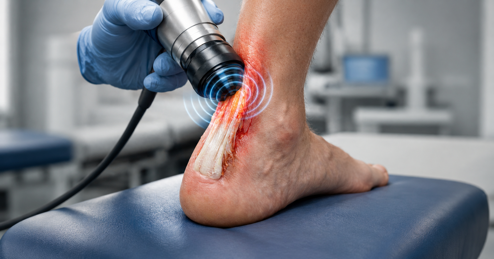 Podiatrist administering shockwave therapy (ESWT) to an inflamed Achilles tendon, shown with anatomical shockwave graphic overlays for Achilles tendinopathy treatment.