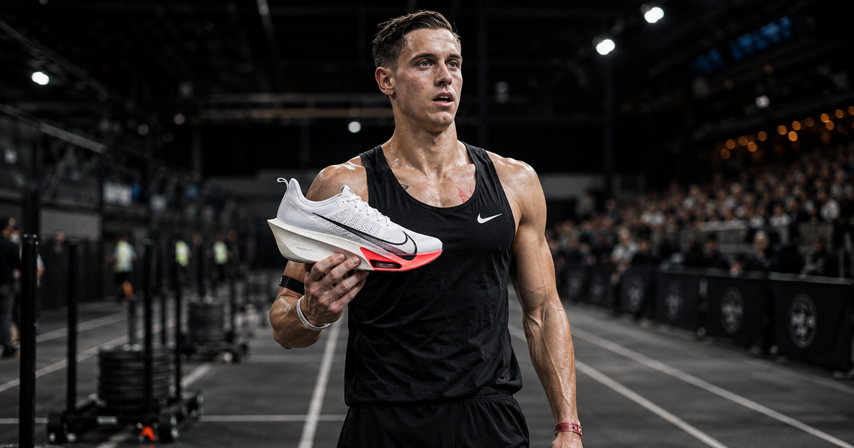 AI-generated editorial image of HYROX athlete Dylan Scott holding a Nike-style racing shoe in an indoor competition arena, with sled-push equipment, race lanes, and a blurred crowd in the background.  Image disclosure: This is an AI-generated editorial image inspired by Dylan Scott, Nike footwear, and HYROX competition. It is not an official Nike, HYROX, or Dylan Scott image.