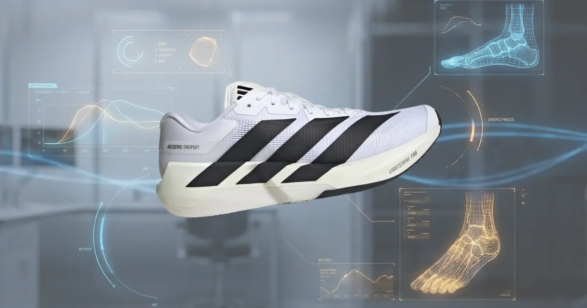 Adidas Adizero Dropset Pro hybrid training shoe shown in profile against a clinical biomechanics background, with digital foot and ankle skeletal diagrams, gait-style graphs and motion analysis overlays illustrating the relationship between footwear design, EnergyRods, foot mechanics and propulsion.  