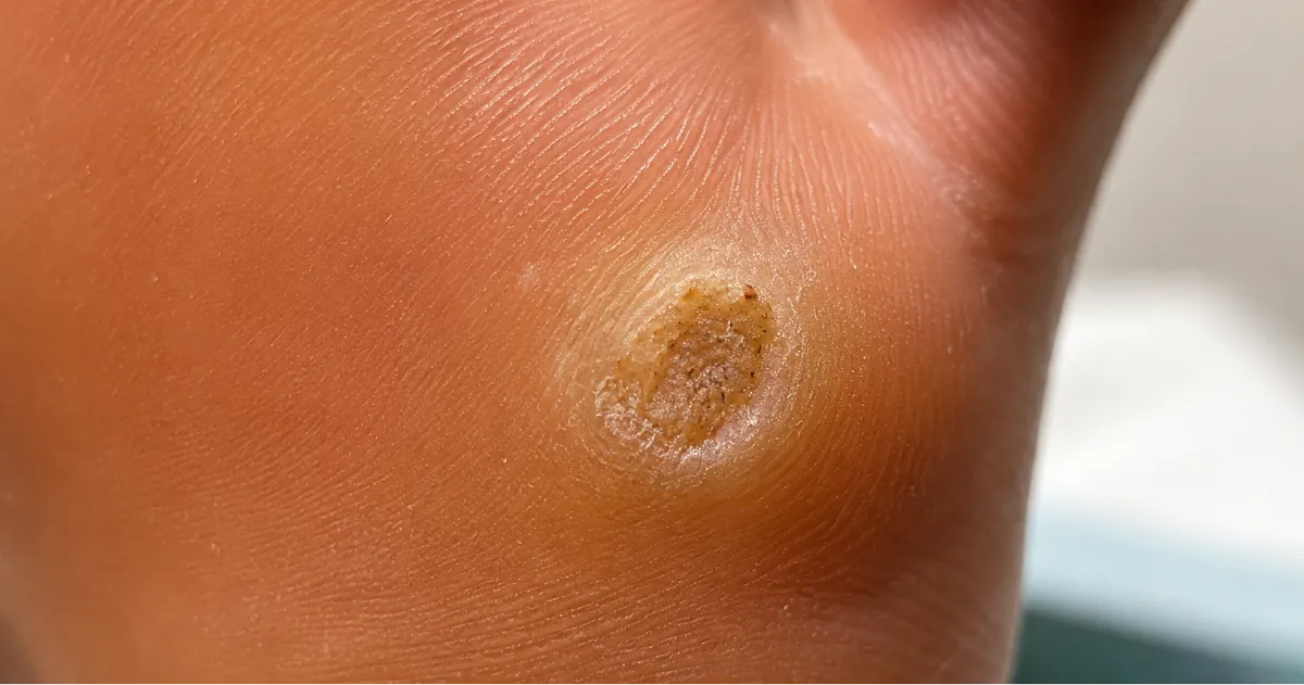 Close-up of a plantar wart (verruca plantaris) on the sole of a foot, showing a thickened keratin ring and pinpoint black dots.