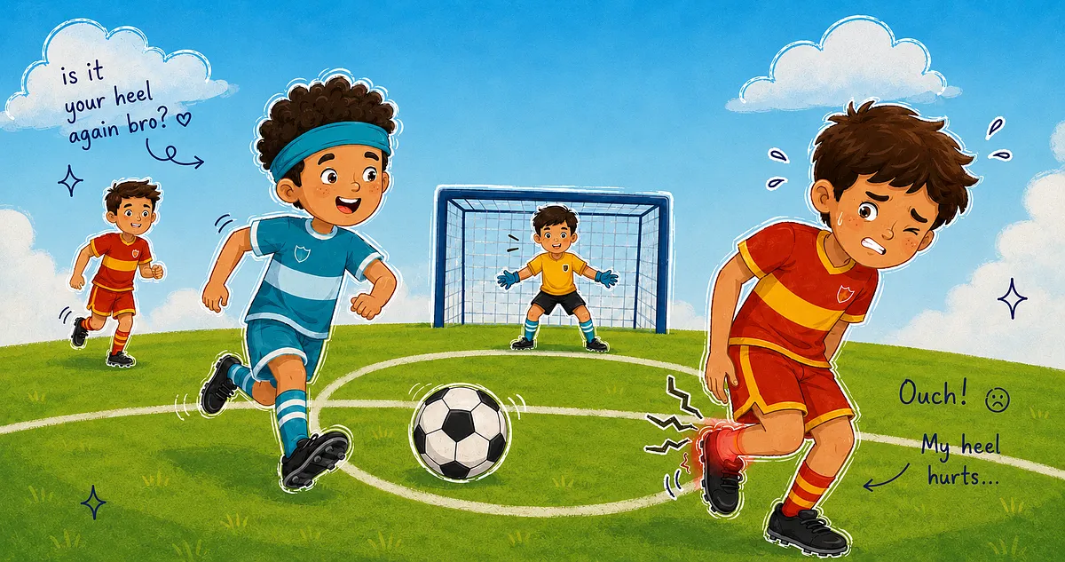 Children playing soccer, with one child holding the back of his heel in pain, illustrating Sever’s disease and heel pain in active children.