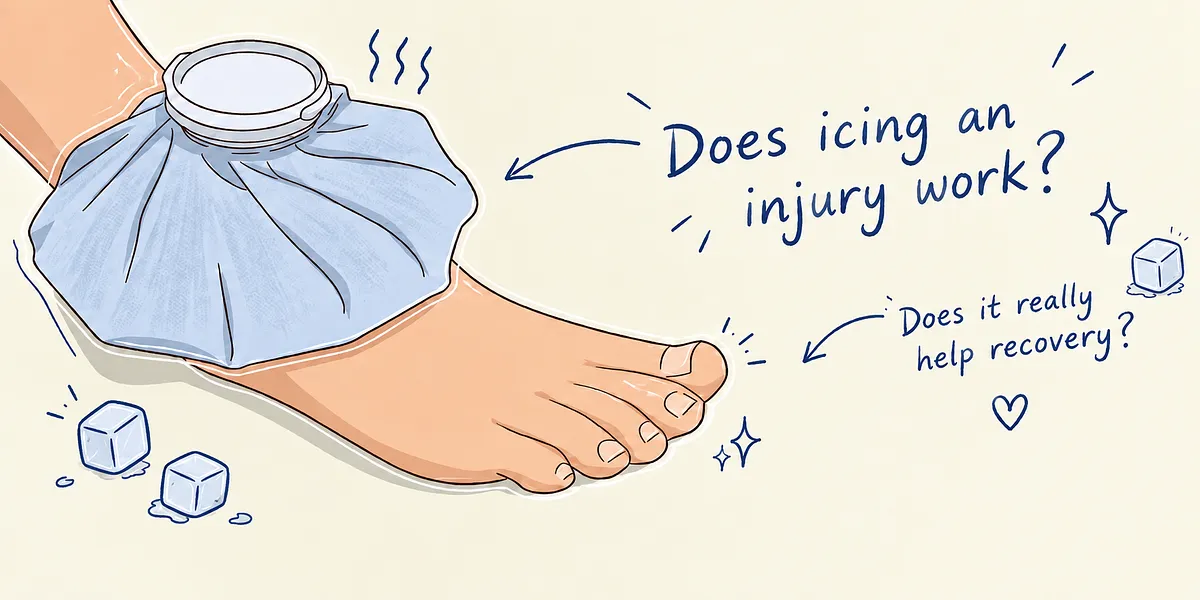 An illustration of a foot and ankle with a traditional blue ice bag resting on the ankle joint. Handwritten-style text to the right asks, "Does icing an injury work?" with an arrow pointing toward the ice pack, and "Does it really help recovery?" accompanied by a small heart. Decorative elements like melting ice cubes, sparkles, and wavy cold lines surround the foot on a cream-colored background.