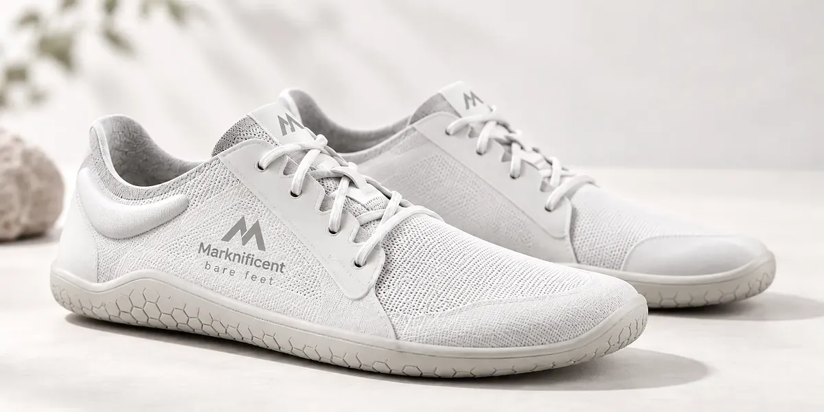 White Marknificent barefoot shoes with a wide toe box, flexible low-profile sole and breathable mesh upper, shown in a minimalist studio product photograph.