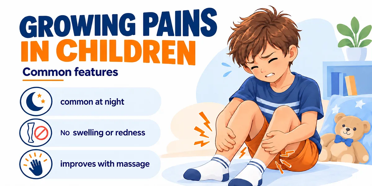 An infographic titled "Growing Pains in Children: Common features." The left side lists three features alongside relevant icons: a moon and stars for "common at night," a crossed-out leg bone for "No swelling or redness," and a hand for "improves with massage." The right side features a cartoon illustration of a young boy sitting with a pained expression, gripping his lower legs. Orange lightning bolt graphics around his shins indicate where the pain is occurring.