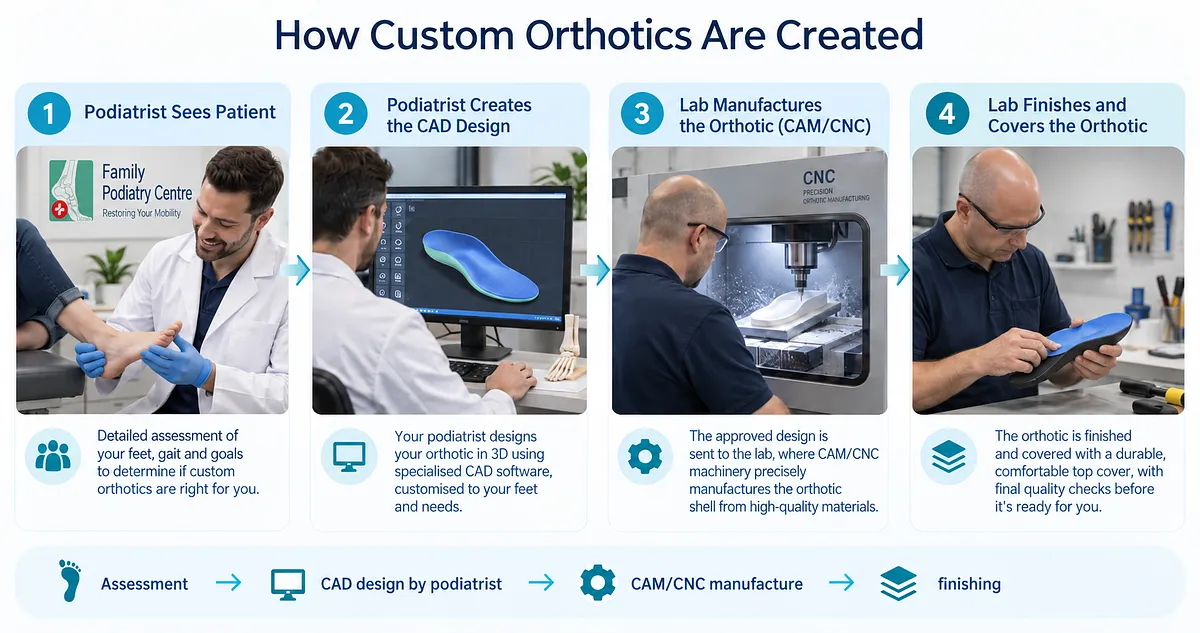 Infographic showing the Family Podiatry Centre custom orthotics process: podiatrist assessment, clinician-led CAD design, CAM/CNC manufacturing, and final laboratory finishing and covering.