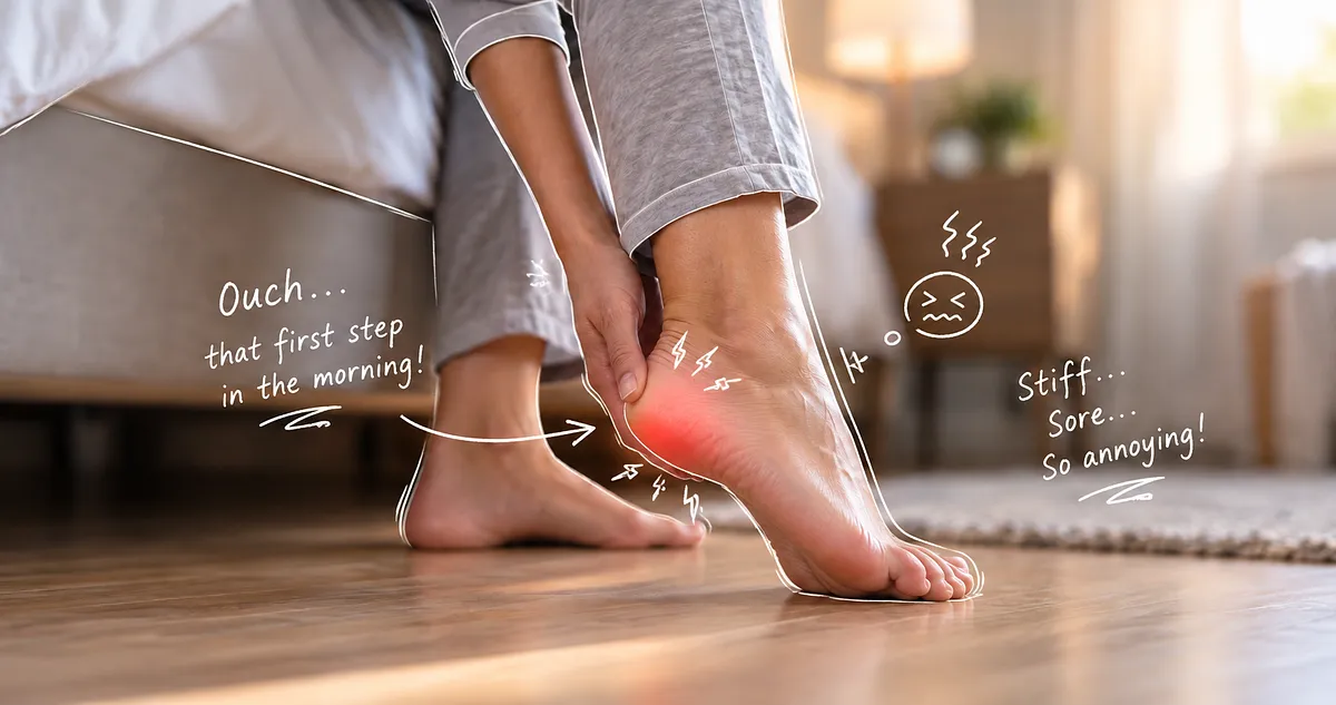 Person experiencing early morning heel pain and stiffness while getting out of bed, with the painful heel highlighted in red to illustrate plantar fascia-related discomfort and first-step pain.