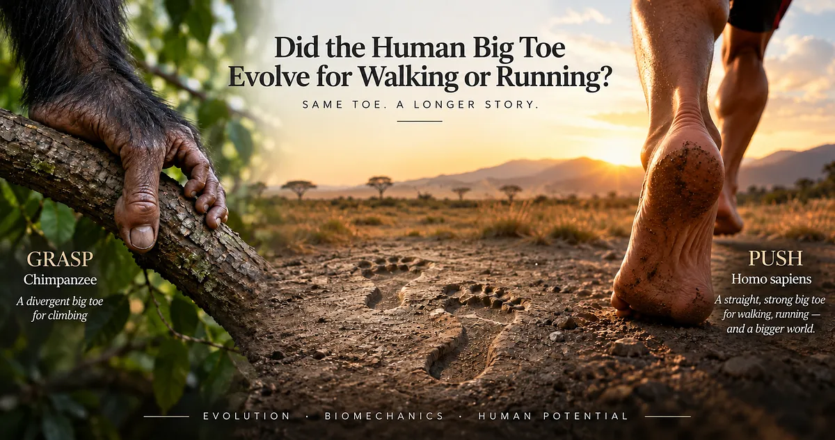 Chimpanzee foot gripping a tree branch beside a barefoot human running across an open landscape, illustrating the evolution of the human big toe from grasping to walking and running.