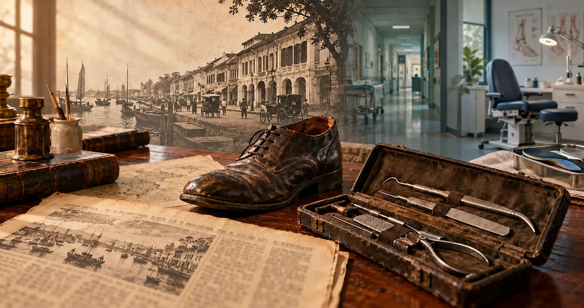 Illustration tracing foot care in Singapore from an early chiropodist’s instruments and newspaper to a modern podiatry clinic.