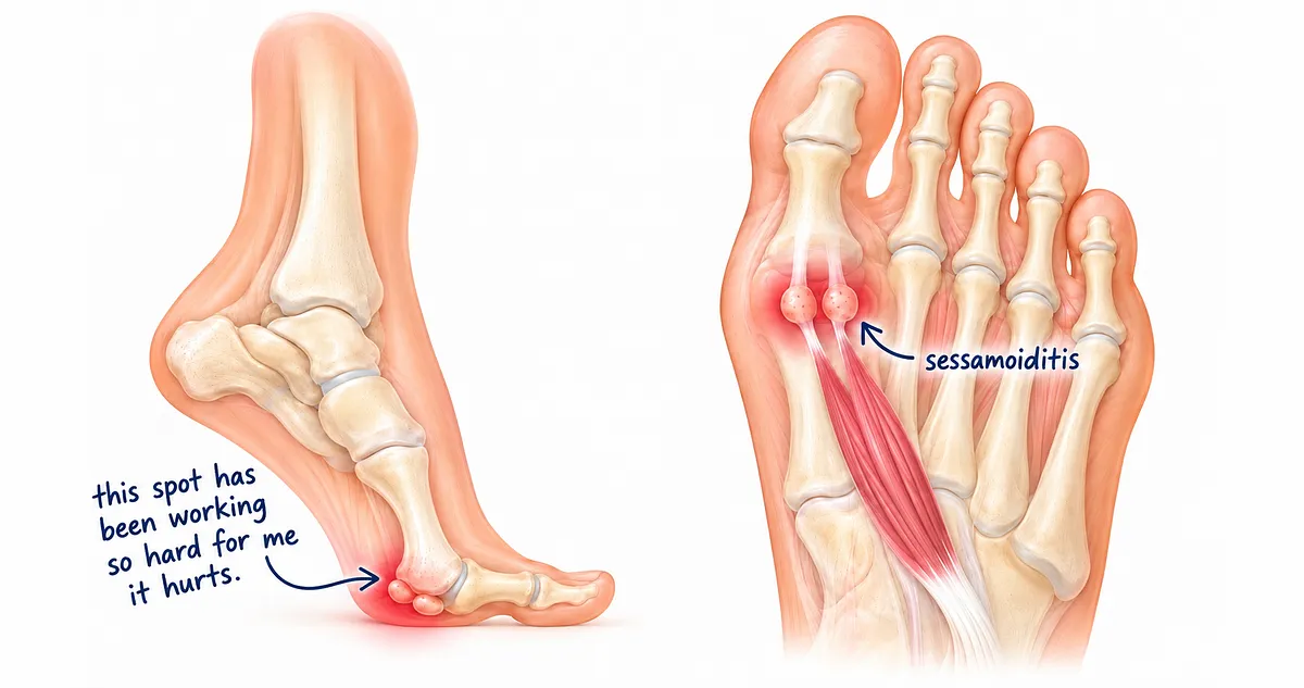 Two anatomical illustrations of a foot skeleton showing sesamoiditis. The left image highlights a painful red area at the ball of the foot, and the right image points out two inflamed sesamoid bones under the big toe joint.