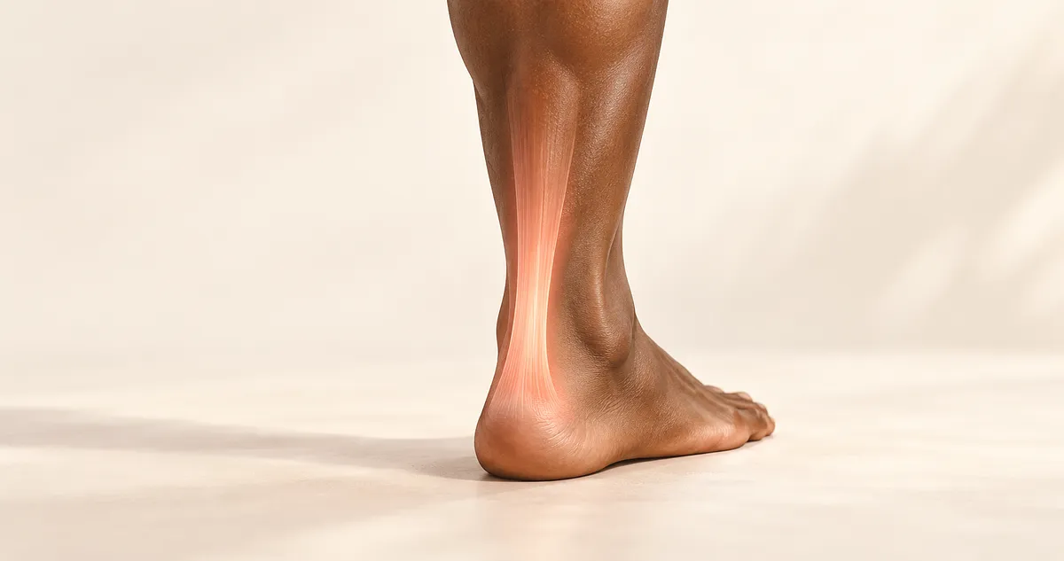 A rear view of a person's lower leg and bare foot standing on a light surface, featuring a glowing red anatomical overlay that highlights the Achilles tendon from the calf down to the heel to illustrate inflammation or pain.