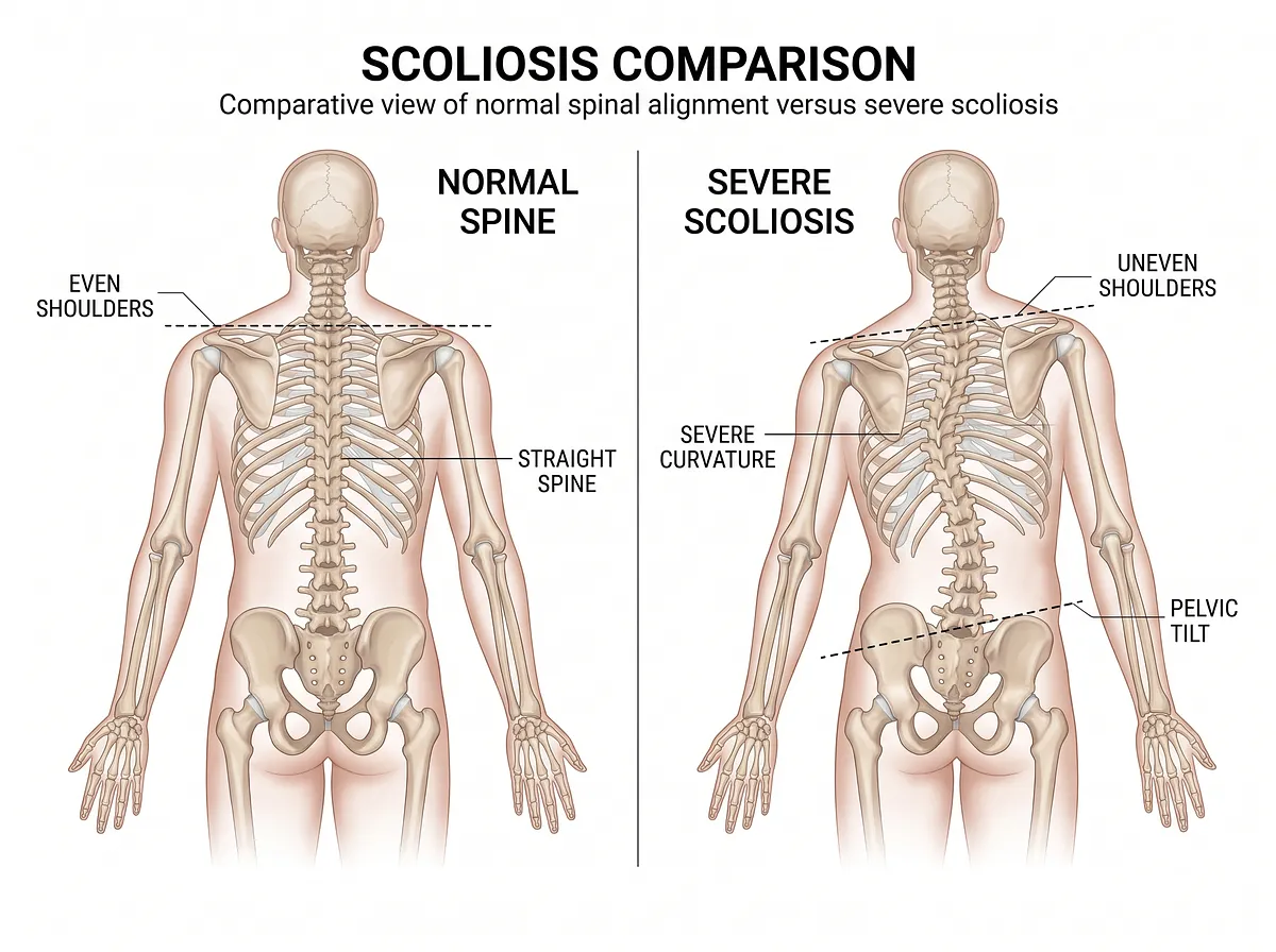 Side-by-side view of a normal spine versus severe scoliosis from the back. The left figure illustrates normal alignment with a straight spine and even shoulders. The right figure demonstrates severe scoliosis, highlighting uneven shoulders, a severe lateral spinal curvature, and a pelvic tilt.