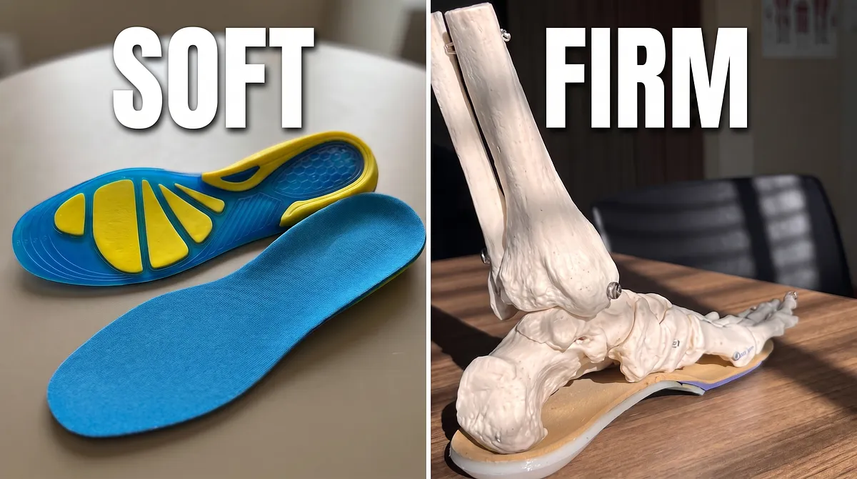 A side-by-side image showing a pair of blue and yellow gel shoe insoles on the left, and an anatomical skeletal model of a human foot and ankle resting on an orthotic insert in a clinic setting on the right.